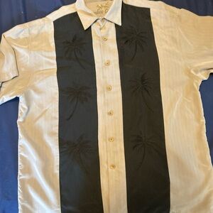BAMBOO Cay Men’s Short Sleeve Camp Shirt — Cream and Black Palm Panels